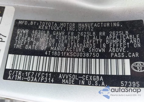 2012 Toyota Camry Hybrid Xle from USA, damaged, VIN 4T1BD1FK5CU038750